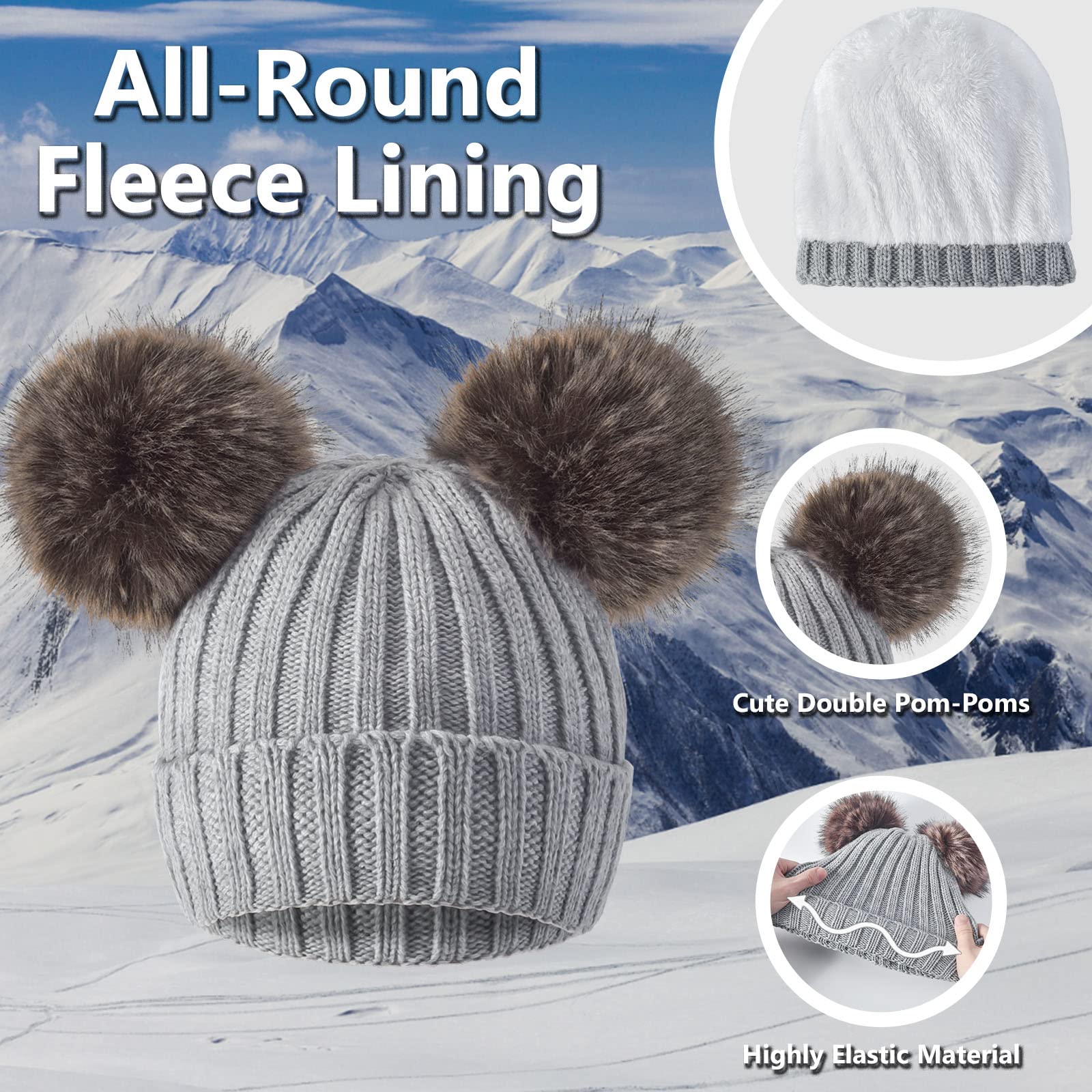Juego de 3 gorros de punto de invierno para mujer, bufanda, guantes para pantalla táctil, cálido, suave, grueso, forro polar con doble pompón, gris, talla única