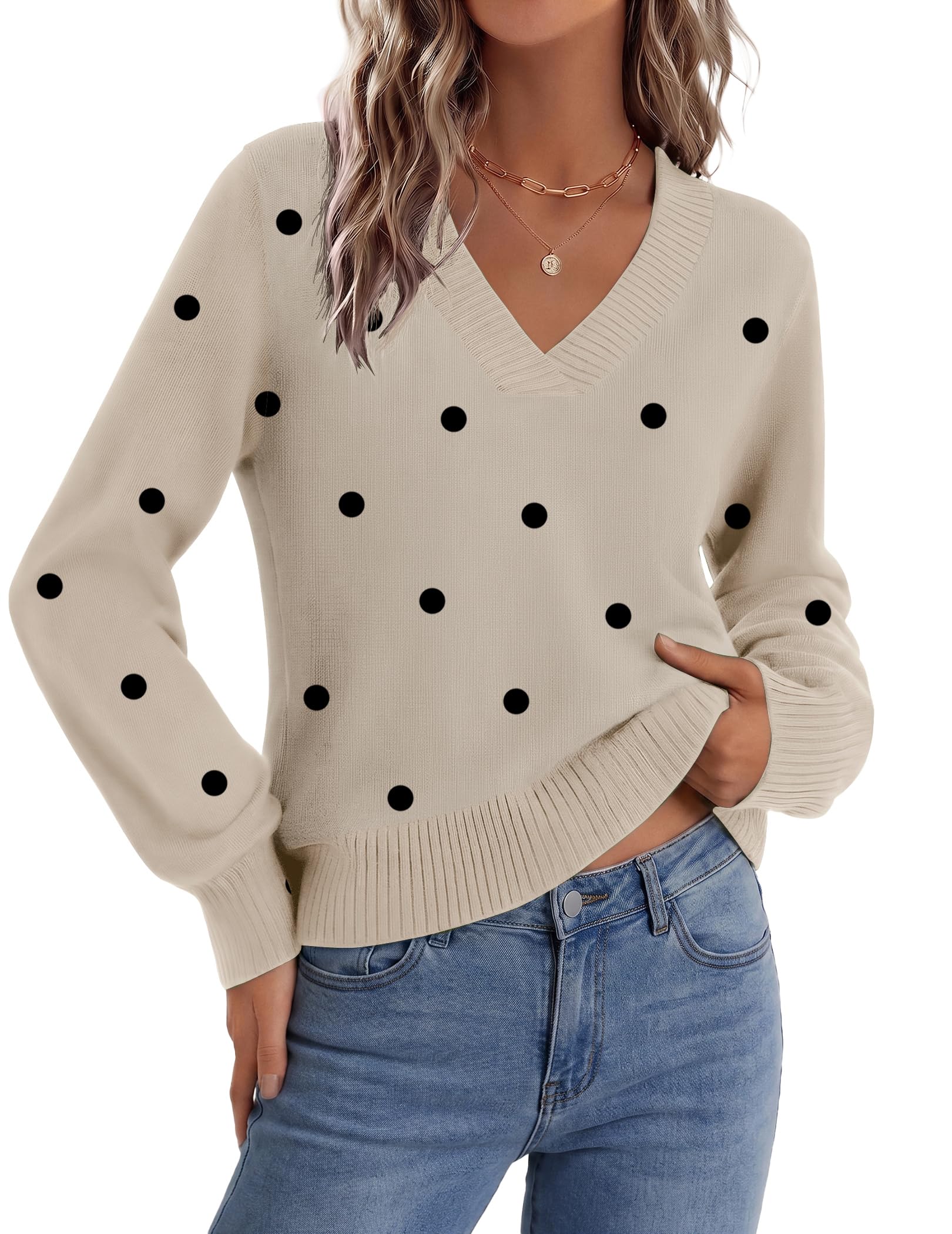 Zeagoo Cropped Polka Dot Top V Neck Long Sleeve Ribbed Knit Pullover Sweaters Cu...