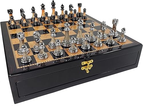 Staunton - Juego de ajedrez cromado y negro para hombre, 17 pulgadas, nogal oscuro y tablero de almacenamiento de color arce Birdseye