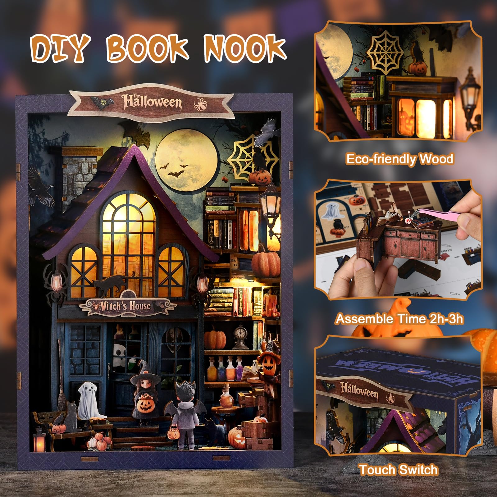 Buchstützen-Dekor für Halloween,DIY Book Nook,mit Led-Licht,