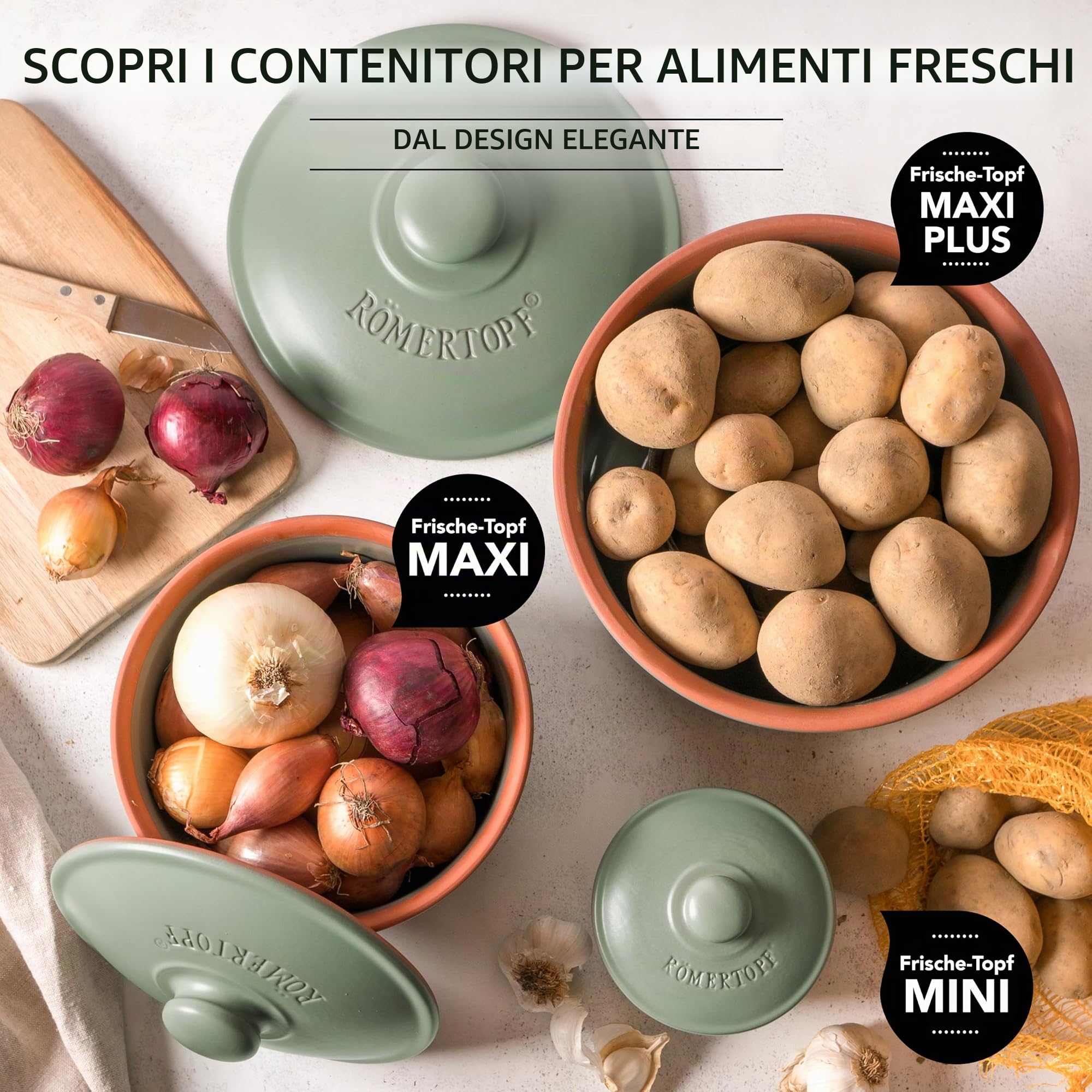 Römertopf Set 3 Contenitori Freschezza in Ceramica – Porta Aglio, Cipolle e Patate, Conservazione Naturale e Traspirante, Verde, tradizione dal 1967