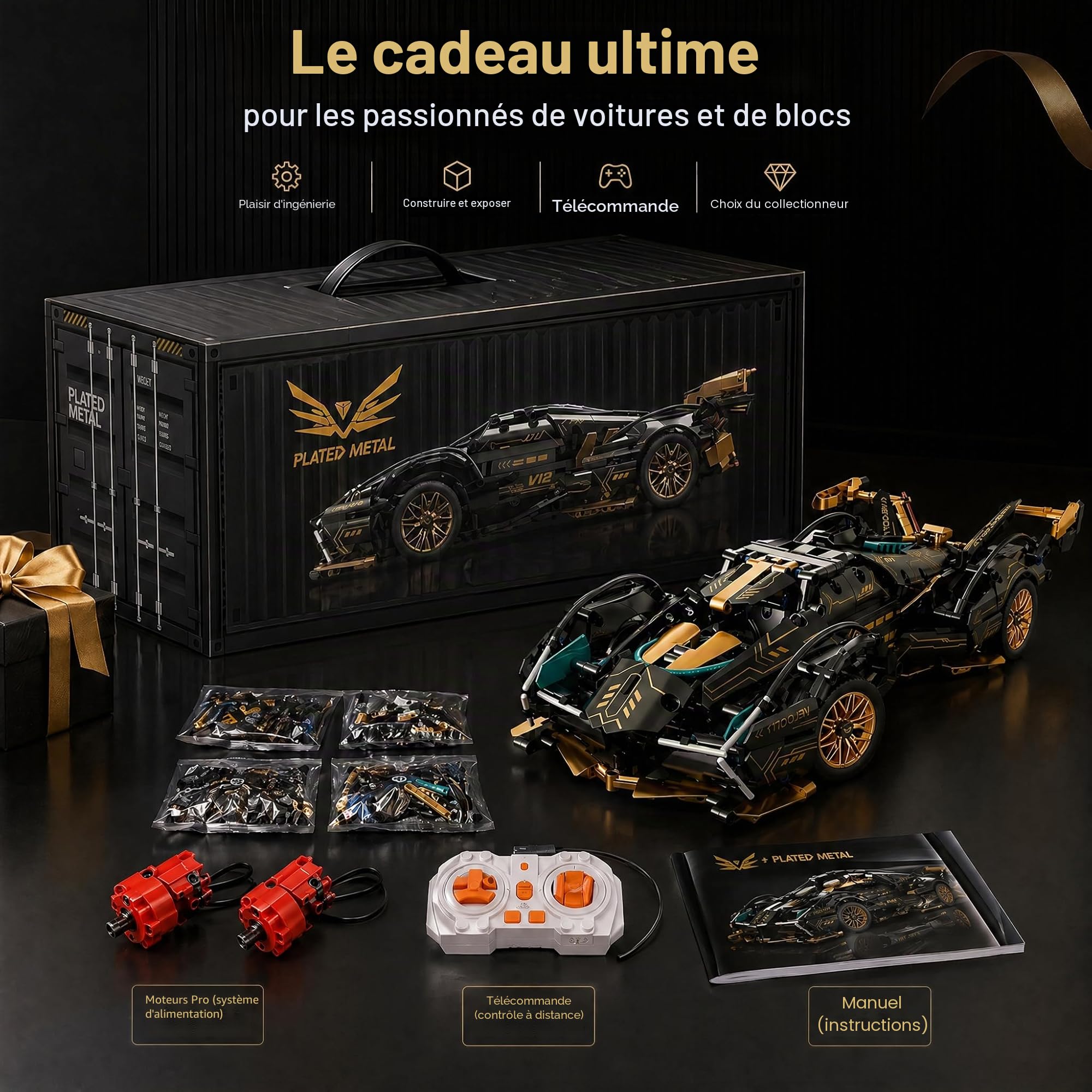 Voiture RC Lamborghini V12 975 Briques 1:14 – Kit Construction Adulte 2.4GHz App LED | Maquette Voiture Télécommandée Cadeau Garçon 10-12 Ans STEM