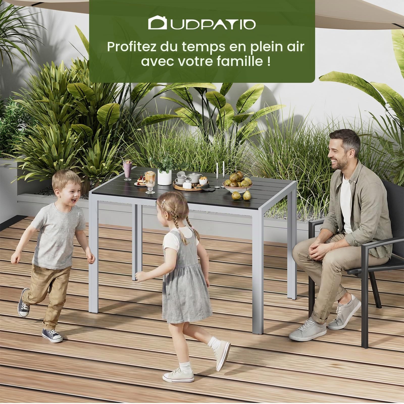 UDPATIO Table à Manger Extérieur 110x70 cm, Table de Jardin en WPC avec Cadre en Aluminium pour 4-6 Personnes, Table de Terrasse Résistante aux Intempéries, Effet Bois Élégant, Argenté + Gris Foncé