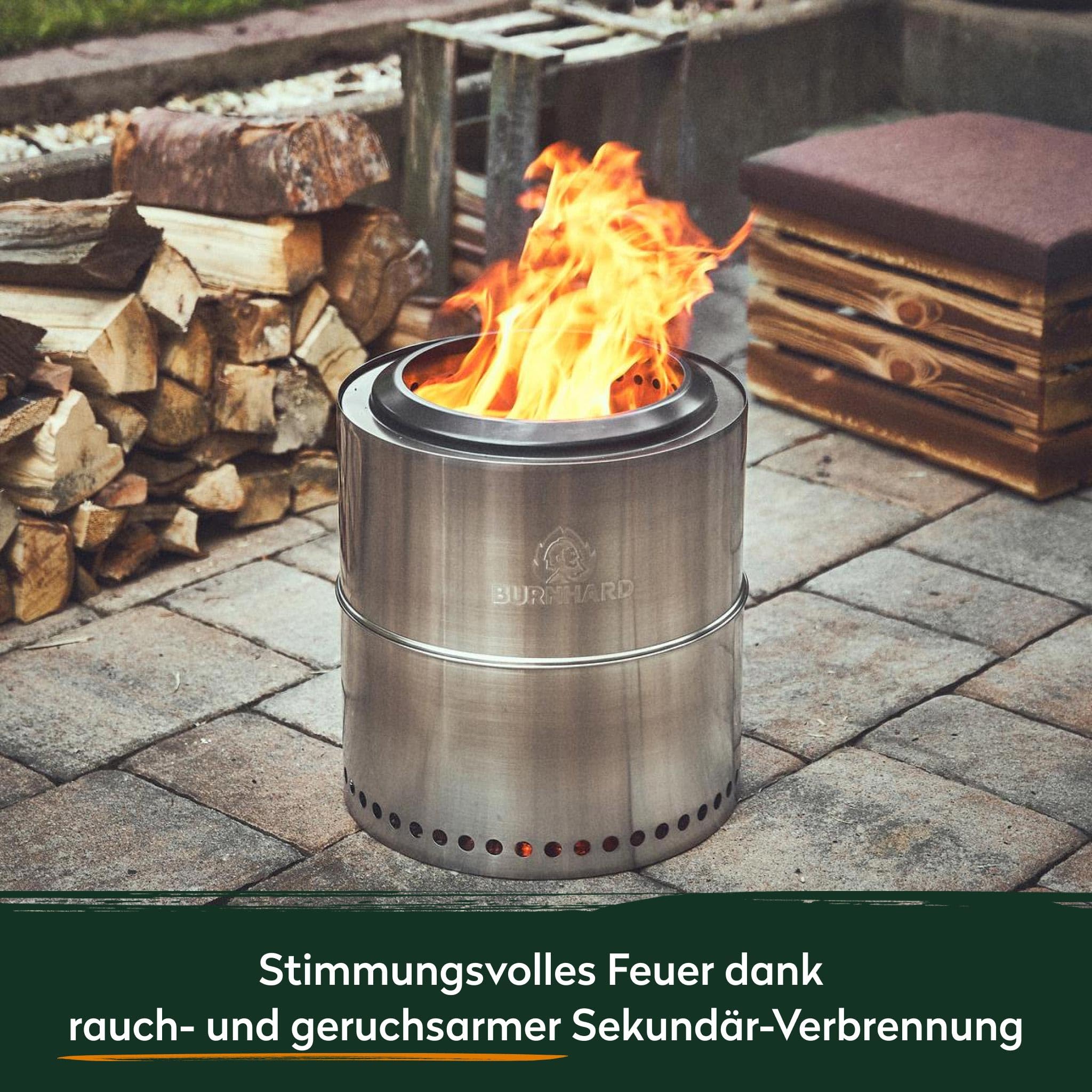 BURNHARD® Feuerschale Edelstahl 50 cm, inkl. Aufbewahrungstasche, Feuertonne, Feuerkorb, raucharme Sekundär-Verbrennung, langlebig & mobil für Garten, Terrasse & Balkon