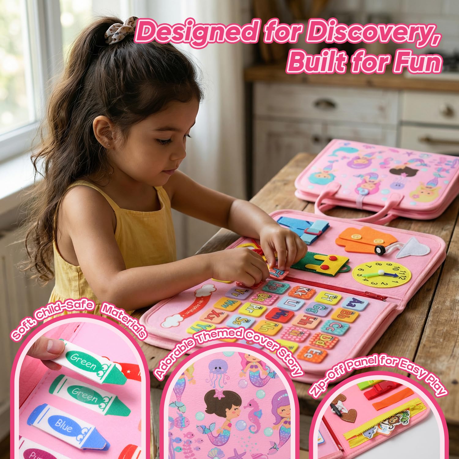 Mermaid Busy Board Giocattoli per ragazze, attività educative sensoriali occupate giocattoli per l'apprendimento delle abilità motorie fini per i più piccoli, attività di viaggio giocattolo