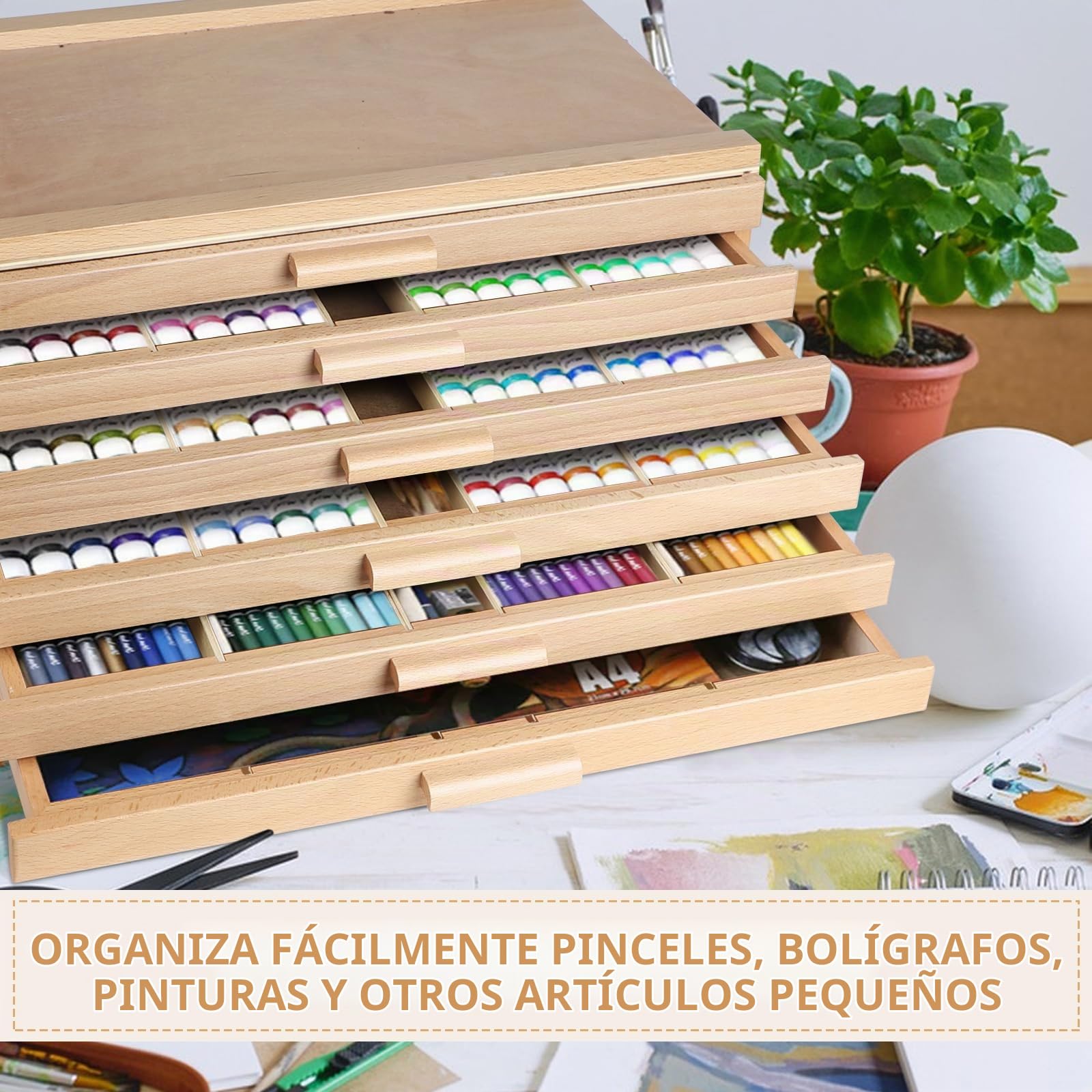 CPROSP 6 Cajones Caja de Almacenamiento para Artistas 40 * 25 * 18cm, Cajones de Almacenamiento de Madera para Guardar Herramientas Artísticas Lápices de Colores, Rotuladores, Pinceles o Joyas.