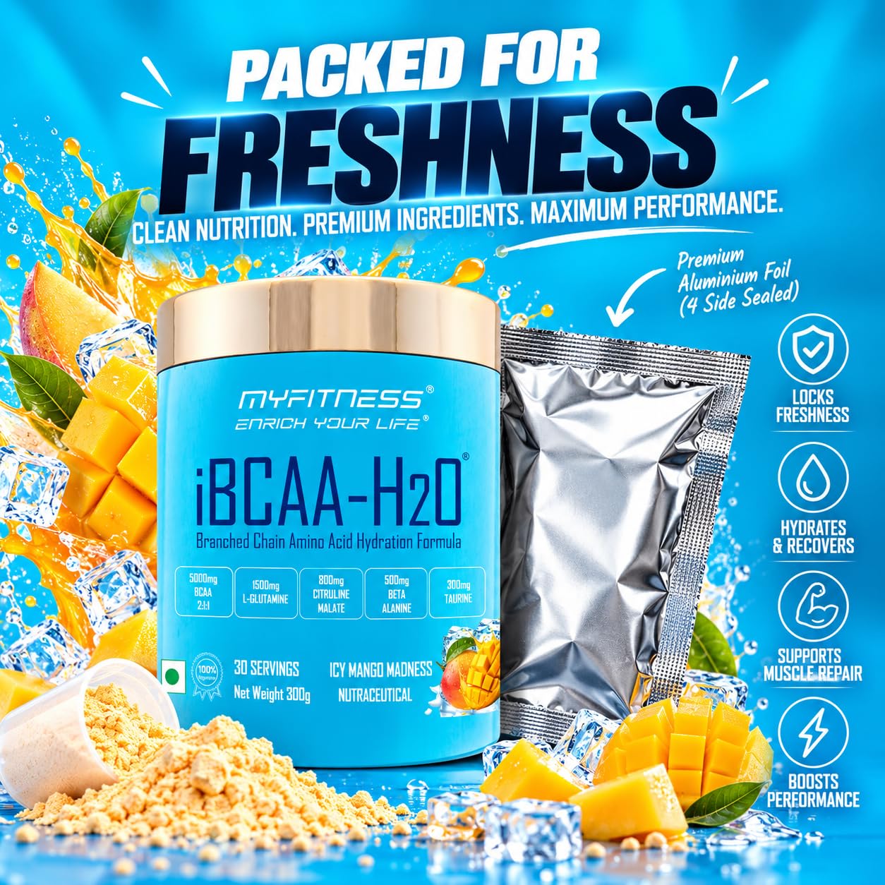 Myfitness BCAA Powder 5000mg | iBCAA H2O | 30 Servings | BCAA Supplement for Men & Women | Pre Workout & Intra Workout Supplement + Amino Acids | 300g (Icy Blue Raspberry) — Amazon image 3