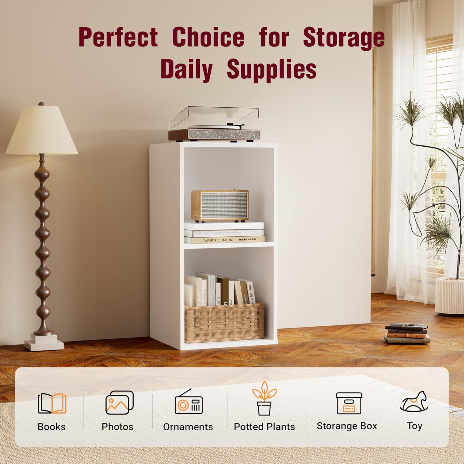 Book Shelf, Wooden Cube Storage Organizer with 11" Open Cubes, Stackable Modular Bookcase for Room Divider Storage, 2 Tier Bookshelf for for Living Room, Bedroom, Office (White, 2-Cube)