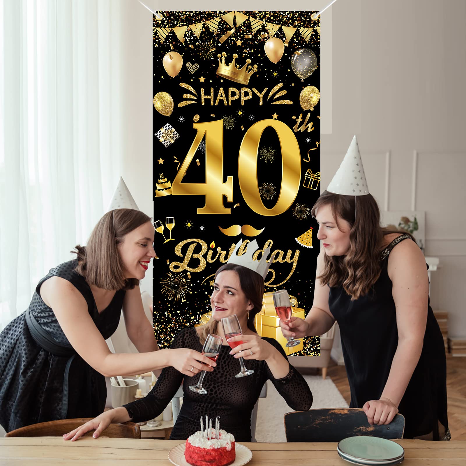 40e banner Happy Birthday 40ste verjaardagsdecoraties in zwart goud, decoratie verjaardag 40e achtergrond verjaardag 180 x 110 cm veranda teken banner voor mannen vrouwen