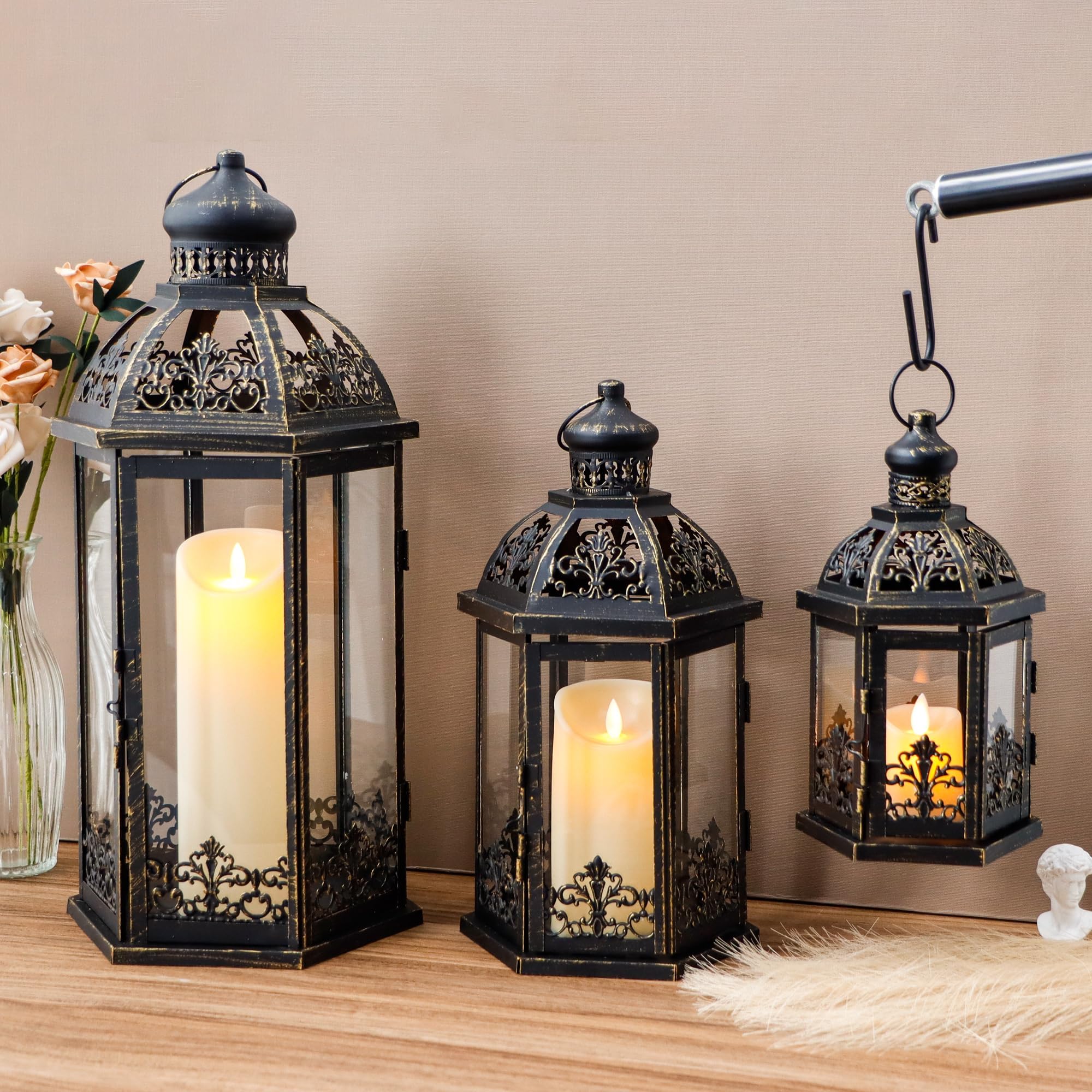 TRIROCKS Lot de 3 lanternes à bougie décoratives en métal noir parfaites pour jardin, cour, terrasse