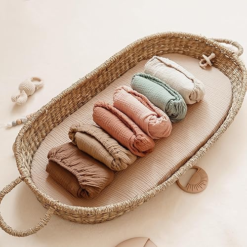 Miniatura 3 de Konssy Paquete de 2 sábanas bajeras de muselina para bebé niña y niño, suaves y transpirables, aptas para moisés, cuna, cesta de moisés ovalada,