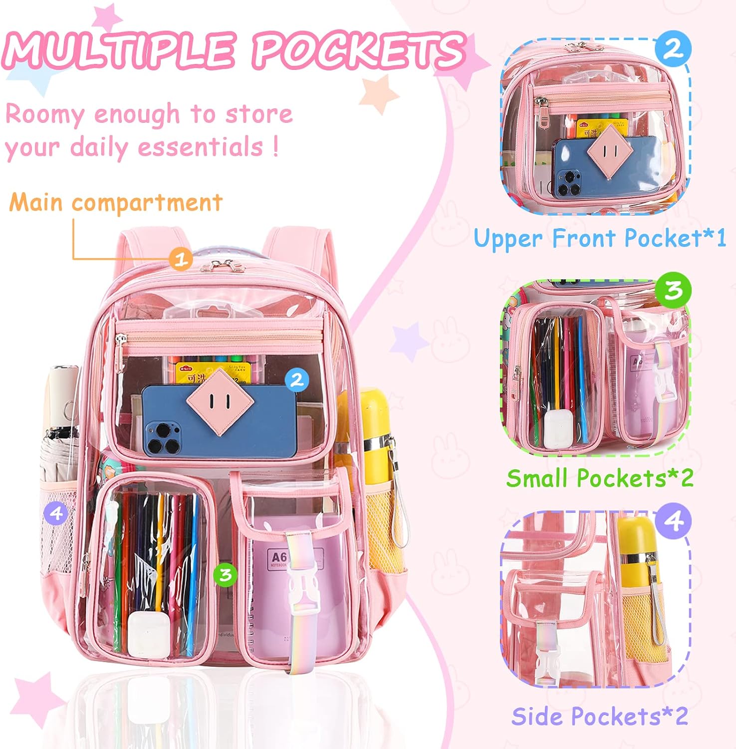 PIG PIG GIRL Clear Backpack for School,Heavy Duty PVC Transparent Bookbag for Girls Stadium Approved See Through Backpack