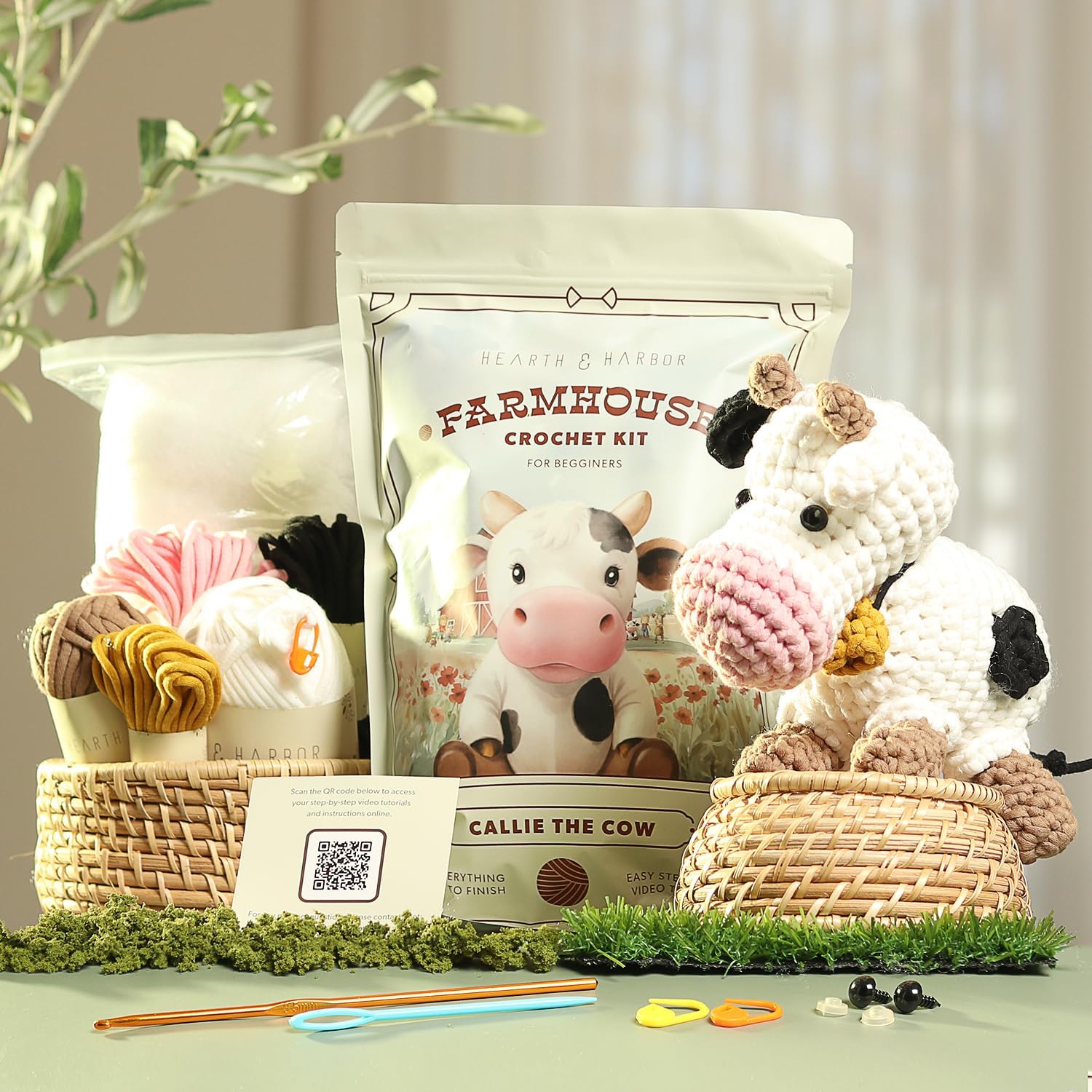 Amigurumi Crochet Kit for Beginners Adults and Kids, Learn to Crochet Kits for Adults Beginner with Easy Yarn, Stuffed Crochet Animal Kit with Step-by-Step Video Tutorials - Callie the Cow