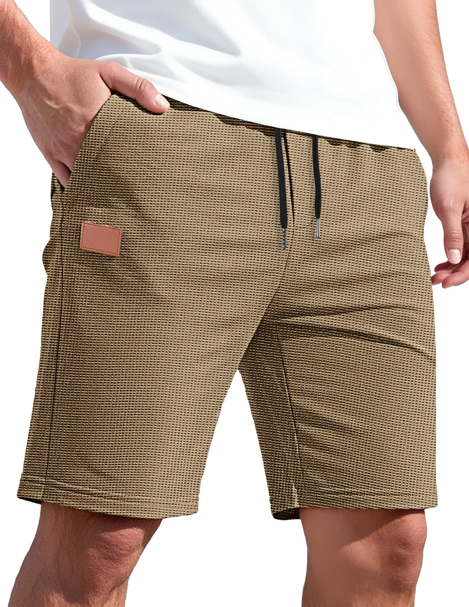 TARAINYA Waffel Kurze Hosen Herren Hose Baumwolle Sommer Shorts Kordelzug Stretch Freizeitshorts Elastische Taille mit Taschen