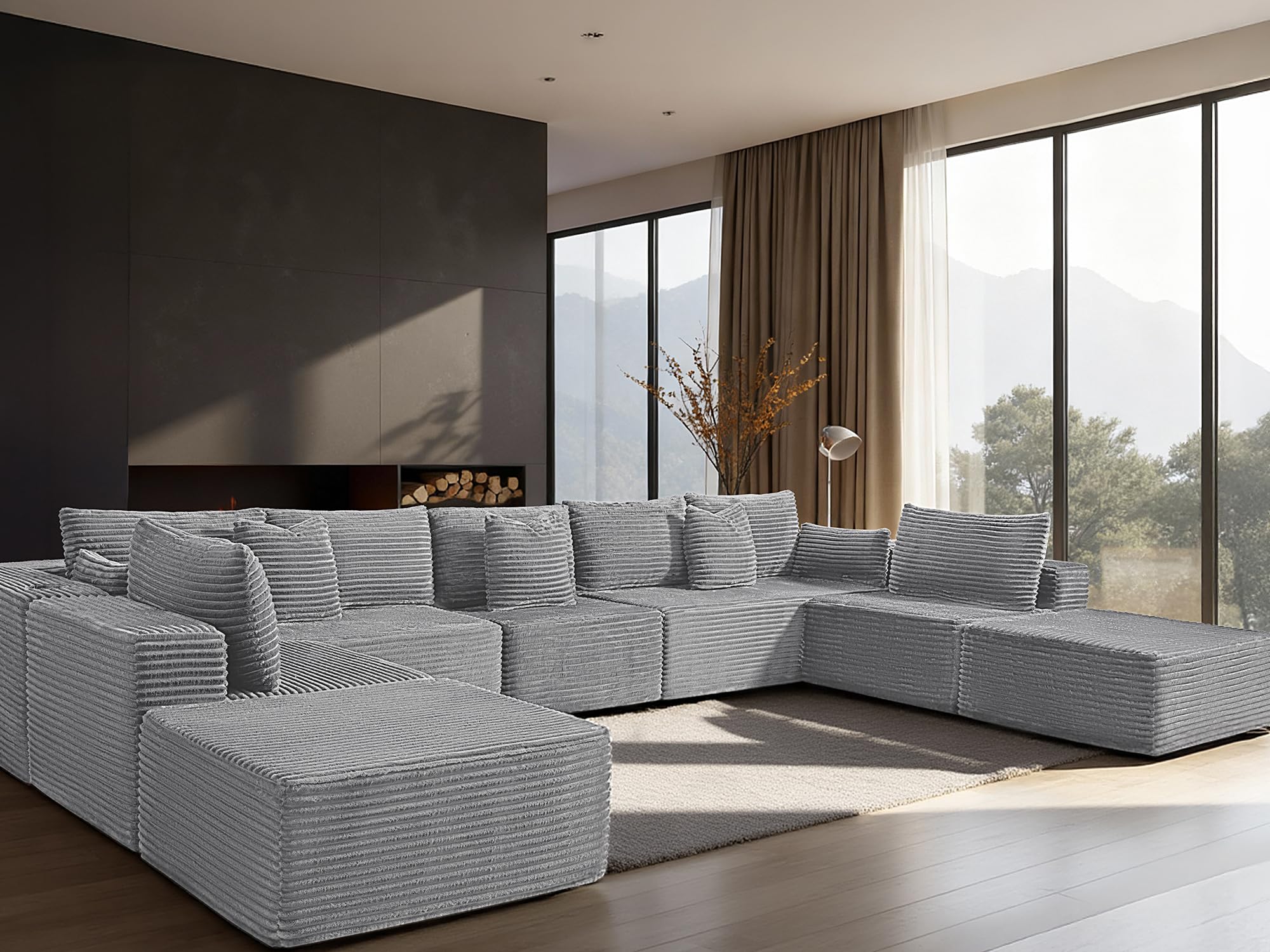 168" Cloud Sectional Couch, Comfort U Shaped Sofa for Living Room, Extra Deep Seats No Assembly, Minimalist Modular Couch, Corduroy (Light Grey, 9 Seats,U-Shape A)