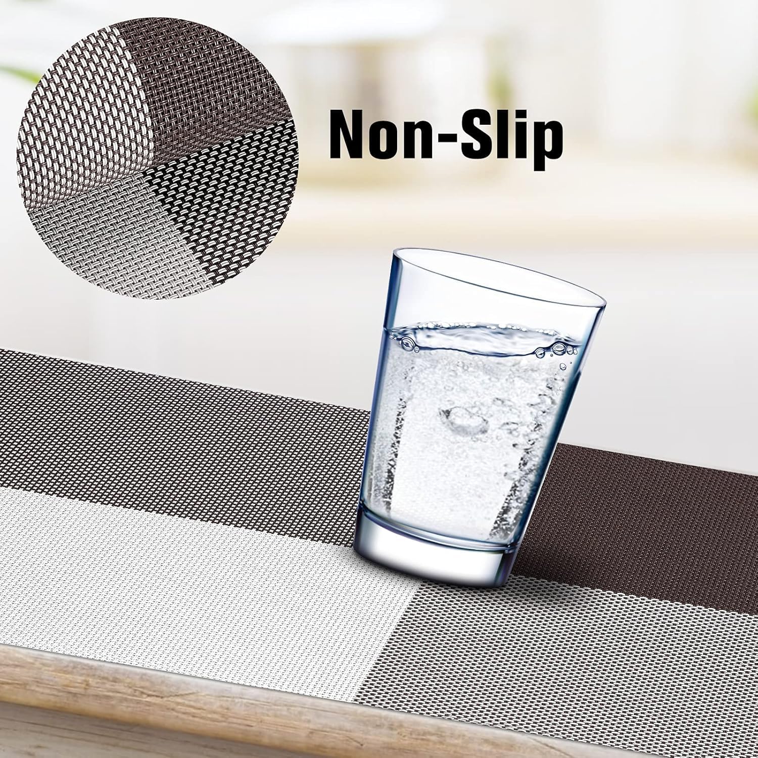 Feinerman 6 Pcs Durable Heat-Resistant Washable PVC Placemats for Dining Table, Non-Slip Anti-Stain Table Mats, Woven Vinyl Dinner Mats, Kitchen Table Mats for Indoor and Outdoor Use (Brown) 3