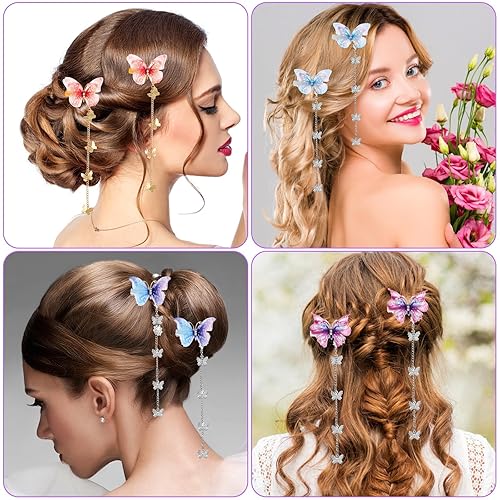 Miniatura 4 de WLLHYF 8 pinzas para el pelo con borla de mariposa, horquilla de mariposa de tela móvil con borla desmontable