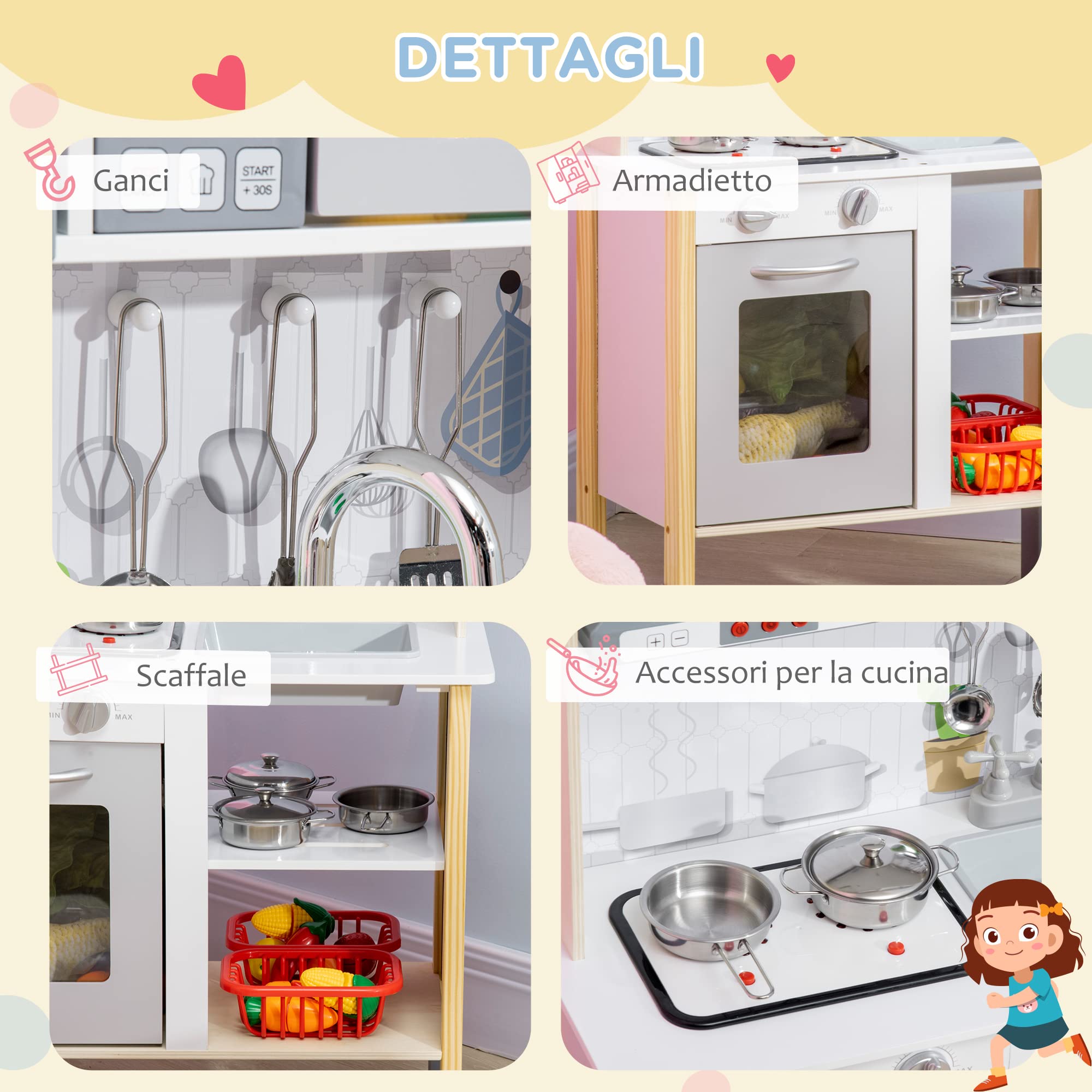 HOMCOM Cucina Giocattolo per Bambini Luci 60x30.5x93.2 cm Grigia e Bianca