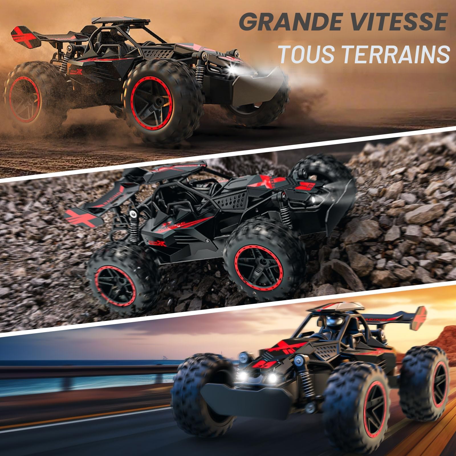 ACAMMZAR Voiture Télécommandée Tout Terrain, 1:18 20+KM/H Monster RC Truck avec Phare, Deux Batteries, Off-Road RC Voiture pour Enfants et Adultes, Rouge