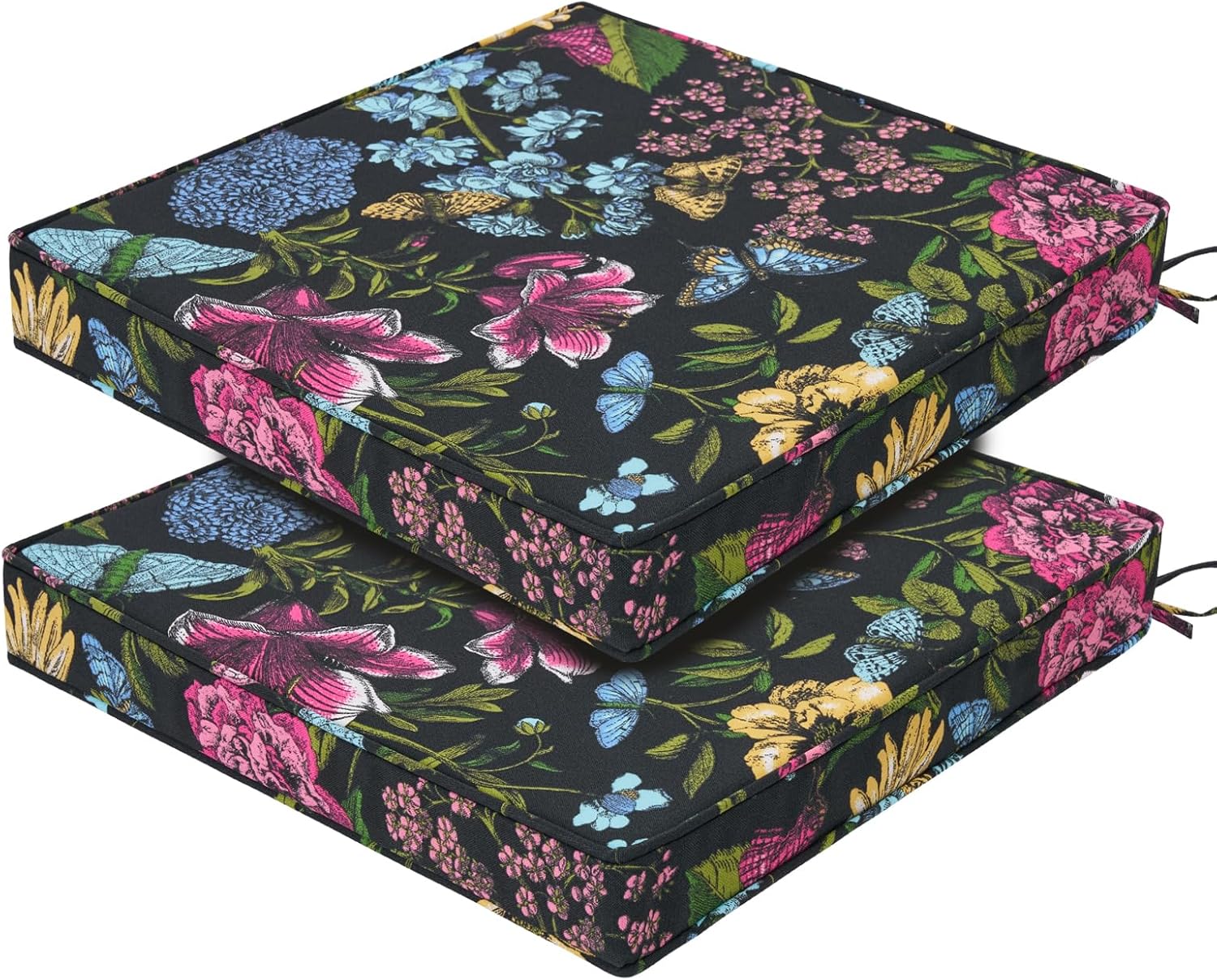 FUNHOME Outdoor Chair Cushions 18"x18"x2.5" Set of 2,Water Reistant Patio Chair Cushion with Zipper&Ties,18x18 Inch Square Seat Cushion for Garden Furniture Chairs(Butterfly Black)