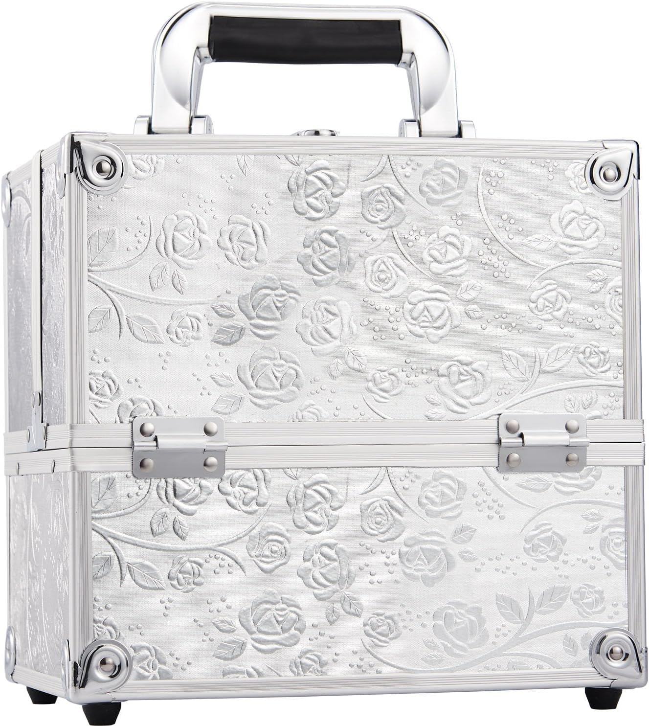 Beauty case con 4 vassoi, organizer per cosmetici, con serrature, Rosa argentata.