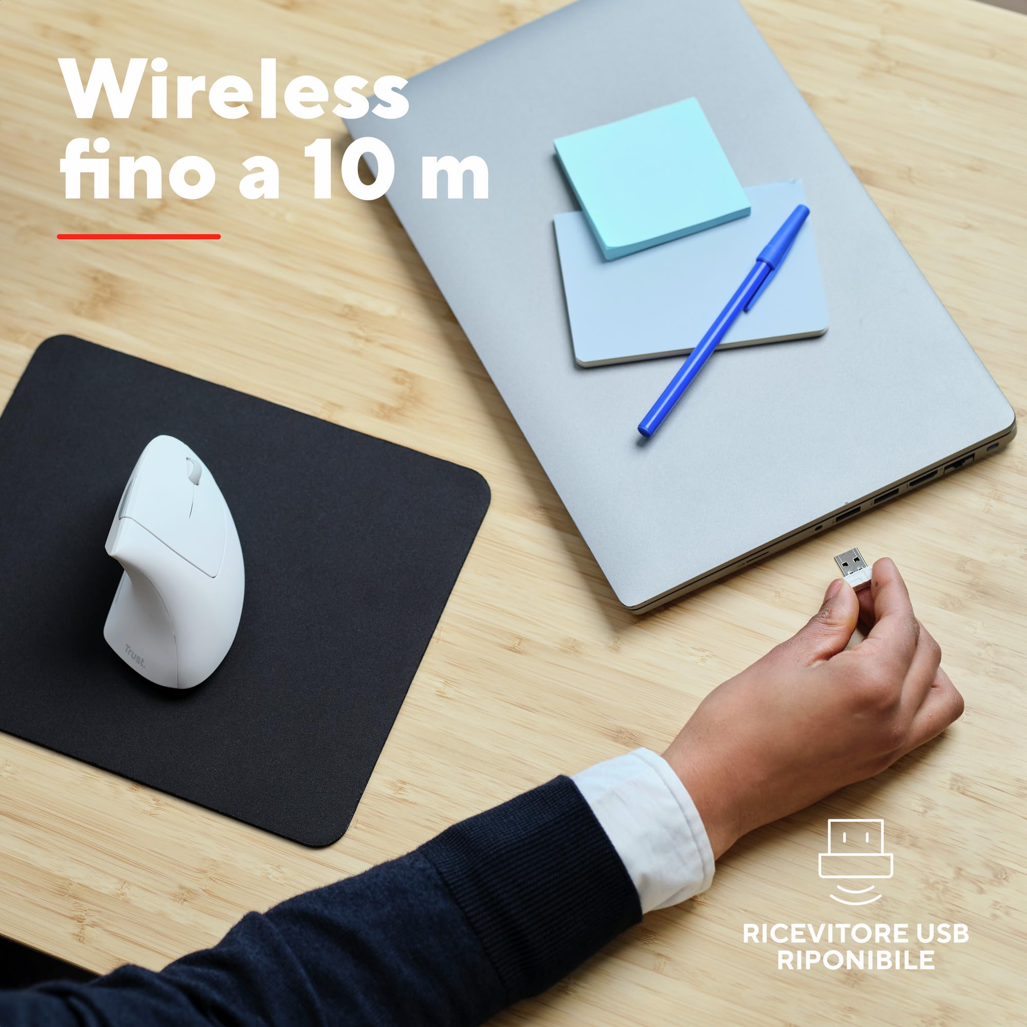 Trust Verto Mouse Verticale Wireless, Mouse Ergonomico senza Filo, Ridurre la Tensione del Braccio e del Polso, 800-1600 DPI, 6 Pulsanti, PC, Computer, Portatile, Mac, Batterie Incluse - Bianco