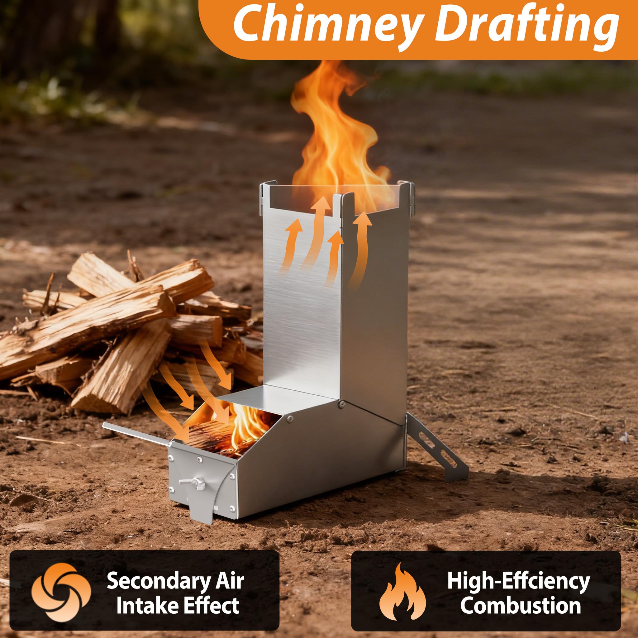 UISEBRT Poêle à fusée en acier épais, système d'emboîtement portable Rocket Stove, poêle à bois, réchaud de camping, poêle à granulés, pour l'extérieur, pour barbecue, terrasse, randonnée, cuisine