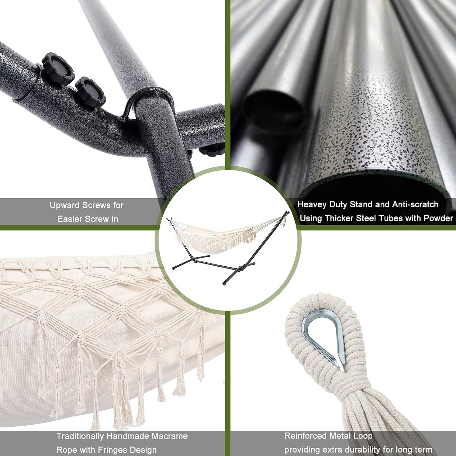 ONCLOUD Macrame Hammock with Stand Included, Boho Fringe Hammock with 9ft Steel Stand Heavy Duty Space Saving Hammock Frame with Carrying Bag, Off White