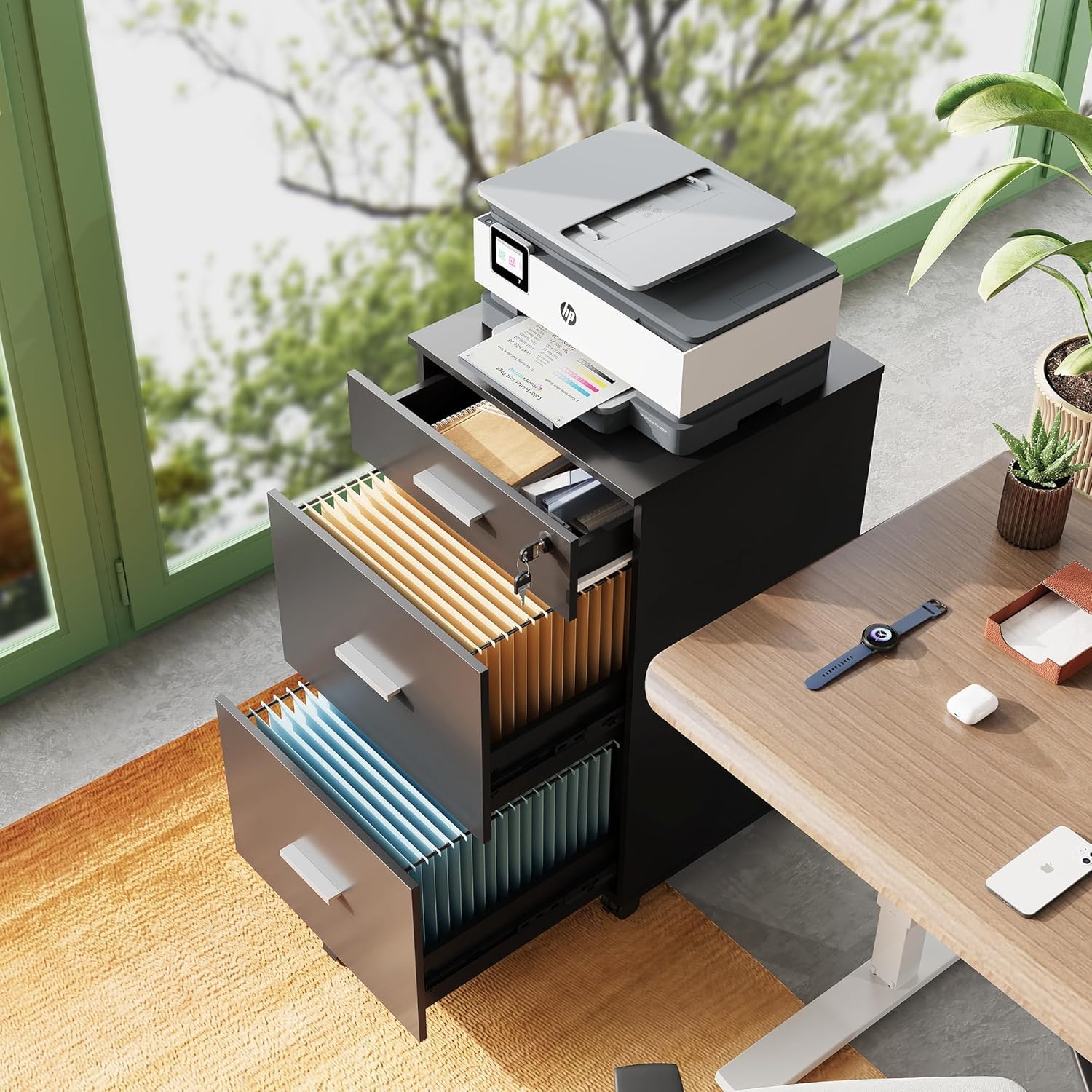 DEVAISE Archivador de 3 Cajones con Cerradura, Mueble Bajo Escritorio en Madera con Ruedas para Documentos A4 Carta, Negro Moderno para Hogar Oficina