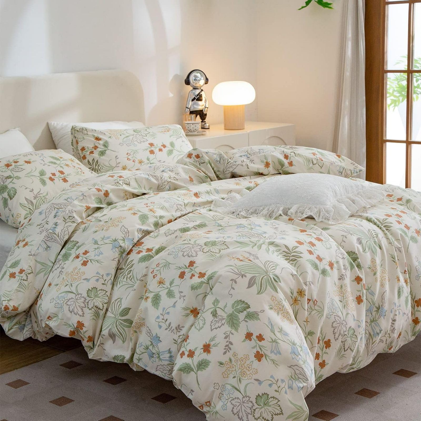 Housse De Couette Floral Freyamy 220x240 Cm + 2 Taies 65x65 Cm - 100% Microfibre, Imprimé Fleuri Beige, Fermeture Éclair