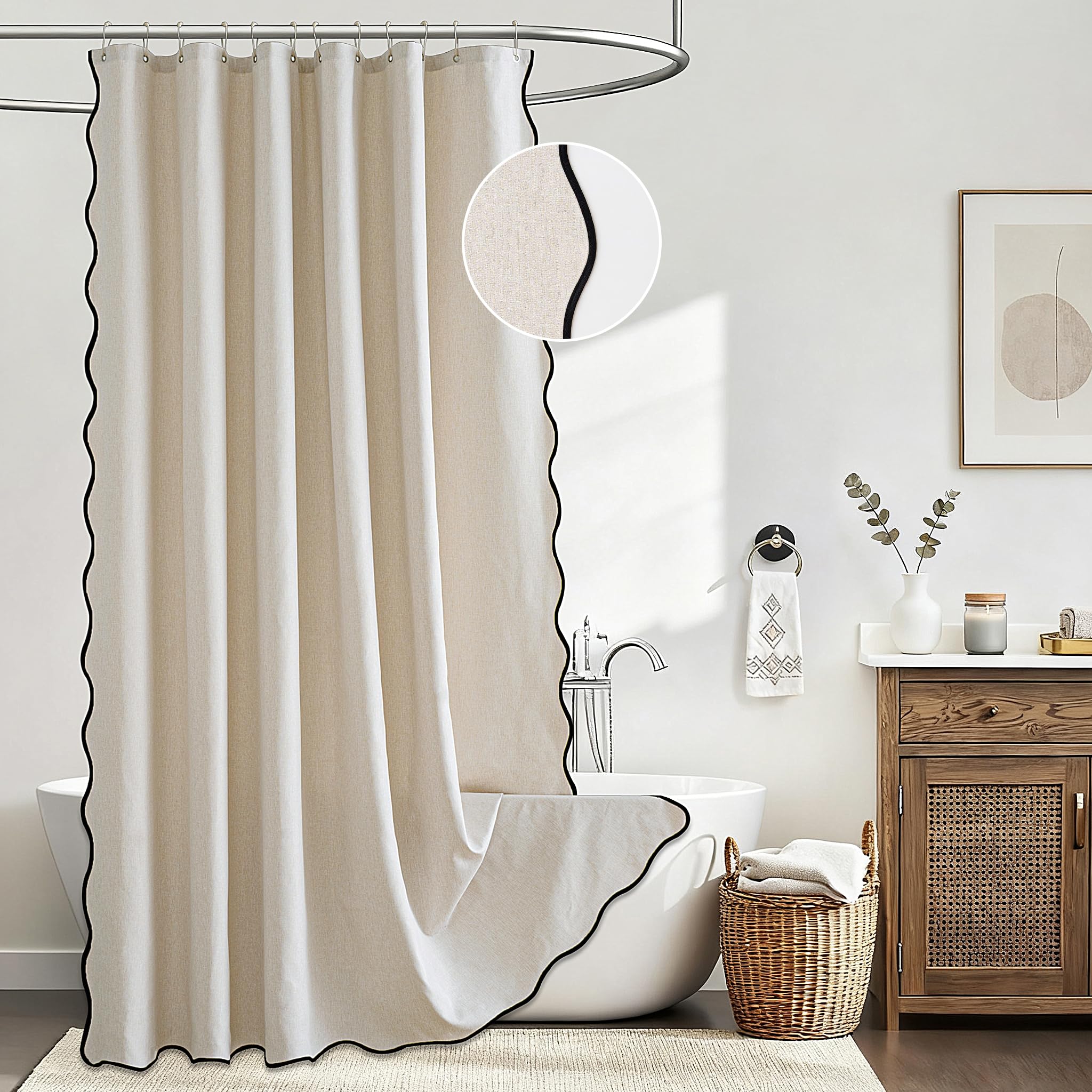 Rideau de douche extra long texturé en lin avec 12 crochets métalliques, très résistant, lavable, imperméable, neutre et épais avec bordure noire pour salle de bain, hôtel, baignoire, 183 x 213 cm (l