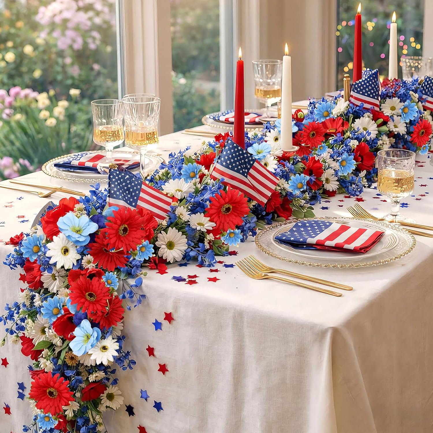 6 ft Red White Blue Garland 4th of July Patriotic Flower Garland for Mantle Artificial 250th Decoration with Daisy Lavender Vine Memorial Day Faux Floral for Independence Table Decor