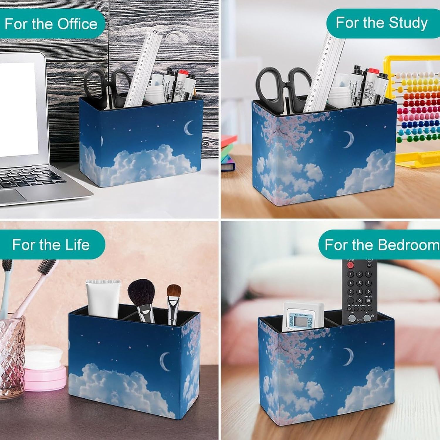 Stars Moon Sky Galaxy Pencil Pen Holder PU Leather Desk Storage Organizer Makeup Brush Box