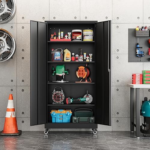 Vista 2 de heycode Armario de almacenamiento con bloqueo de metal con ruedas, 2 puertas y 4 estantes ajustables, armario de almacenamiento de garaje con ruedas