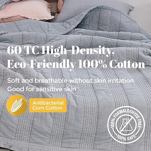 Miniatura 3 de Manta de cama 100 % algodón, tamaño individual, 63 x 83 pulgadas, manta acolchada suave y transpirable lavada con pigmento para sofá, colcha ligera