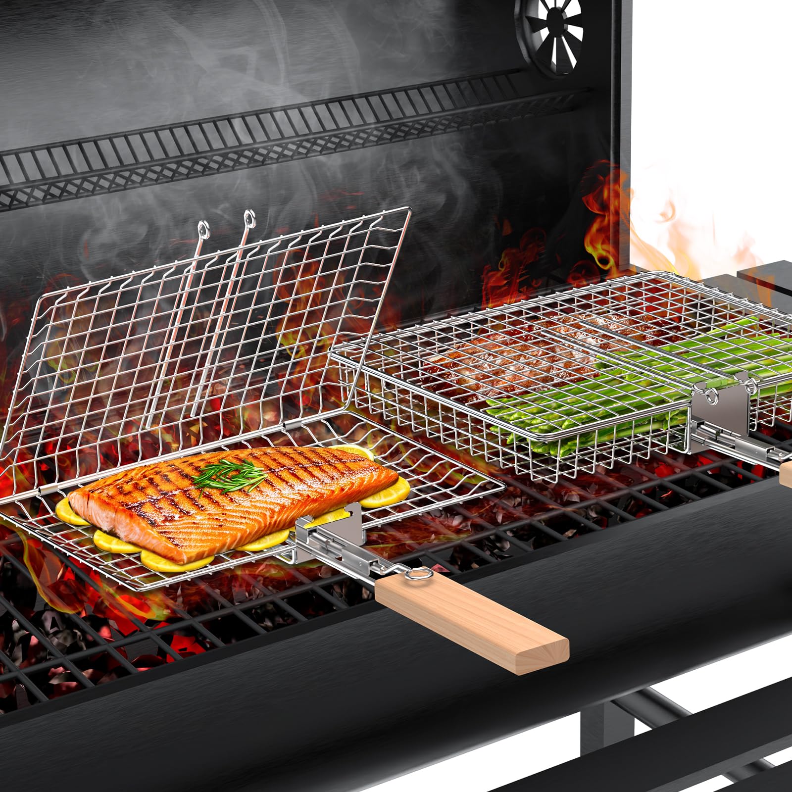 ivtivfu Fischgrillkorb-Set, Abnehmbarer Holzgriff, Edelstahl 304, Outdoor Küche Grill Zubehör für Gemüse Garnelen, Garten Camping Gasgrill, Geschenke Geburtstagsgeschenk für Männer Ehemann Papa