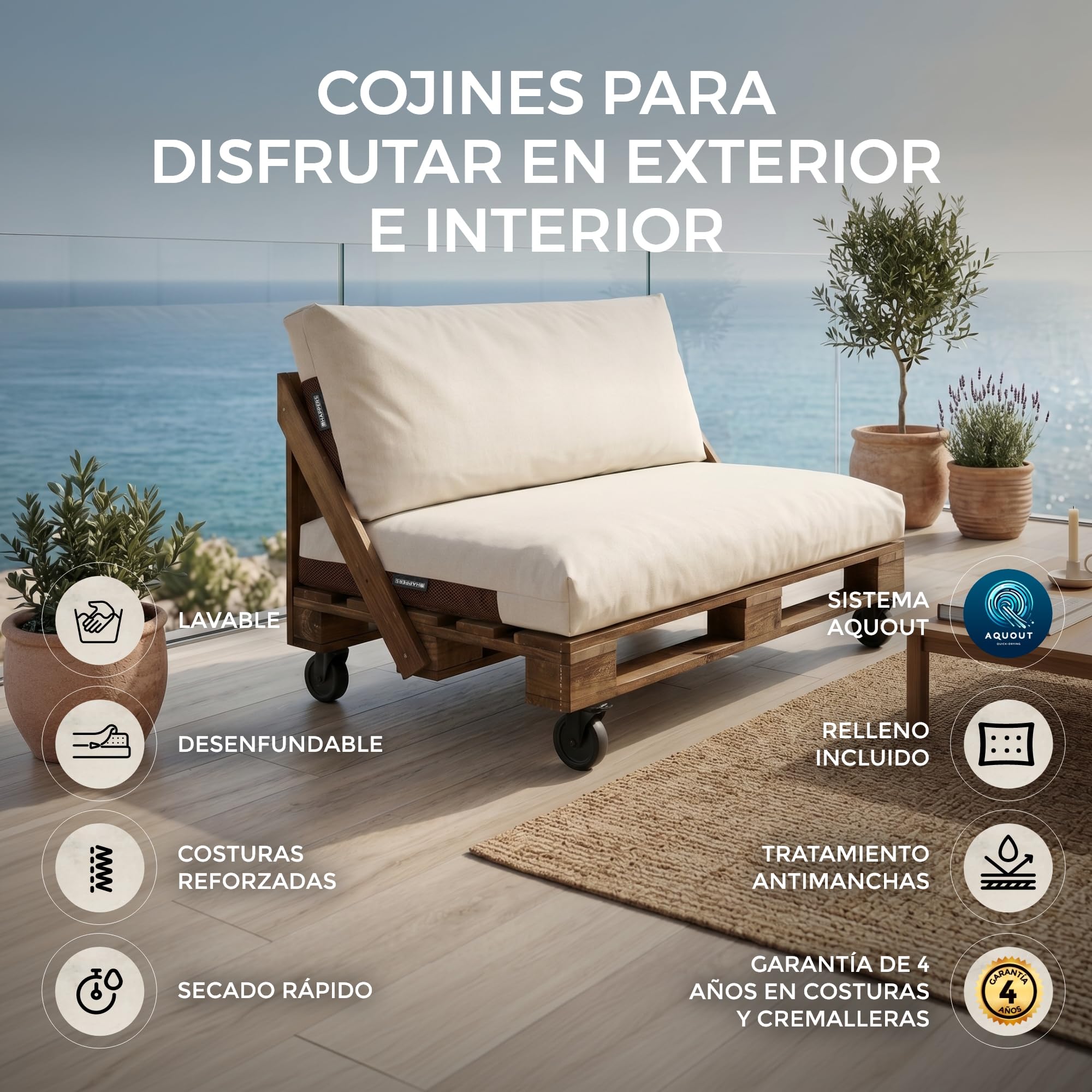 Happers Coussin Palette en Naylim Imperméable pour Extérieur 120x45 Écru