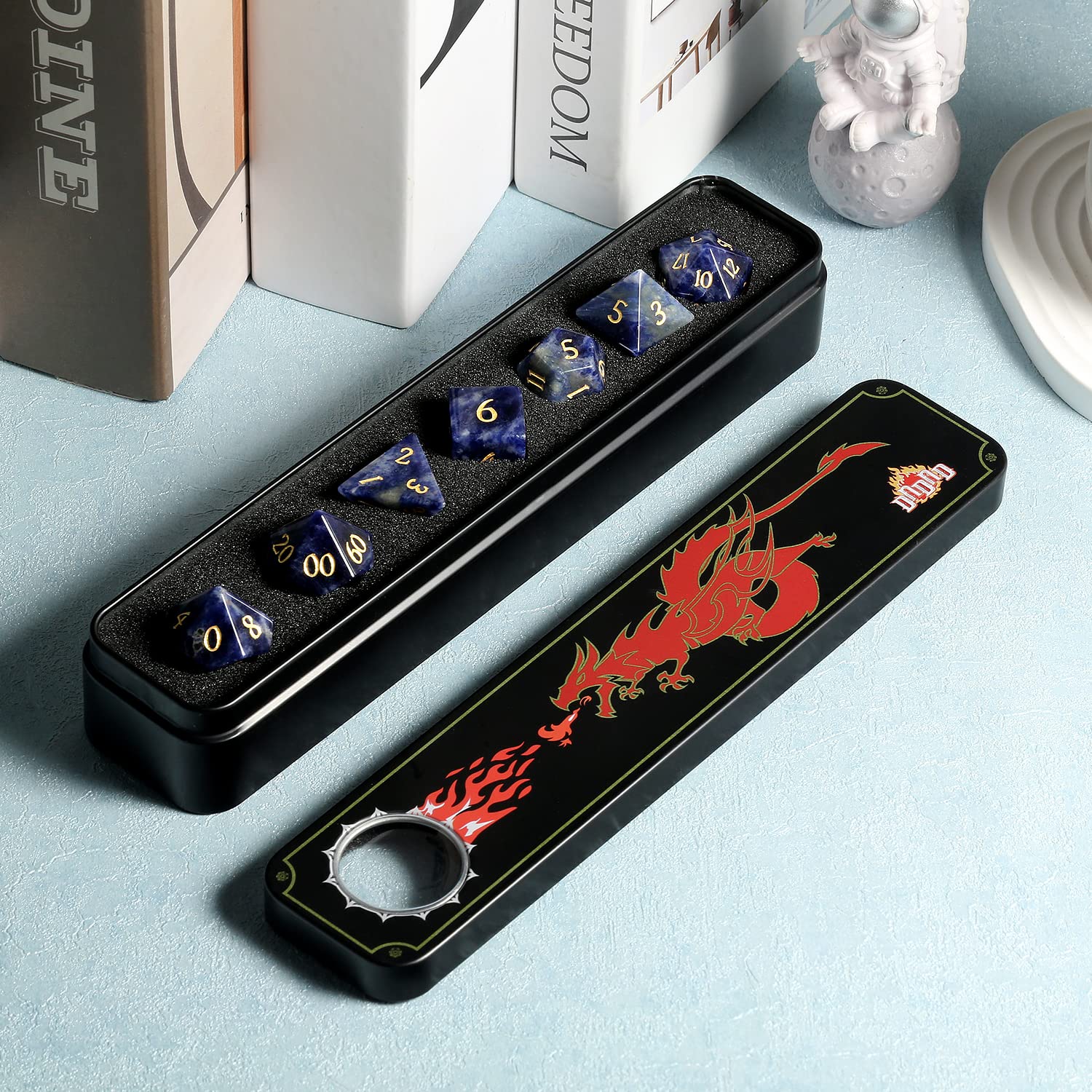 Juego de dados D&D de piedra de vena azul DNDND 7 piezas de piedra natural DND dados con caja de regalo grogeous para juego de mesa de mazmorras y dragón (vena azul)