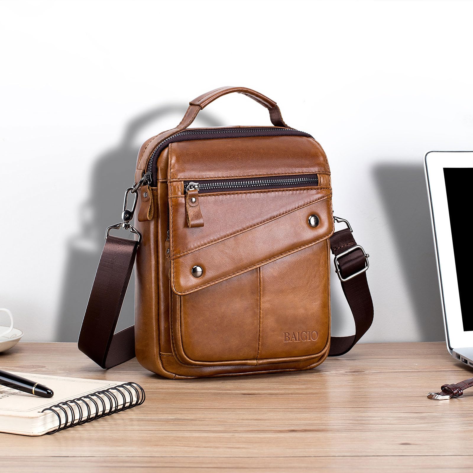 BAIGIO Umhängetaschen Herren Leder Schultertasche für Männer Herrentasche zum Umhängen Handtaschen Crossbody Bag Ledertasche für Arbeit Büro Alltag