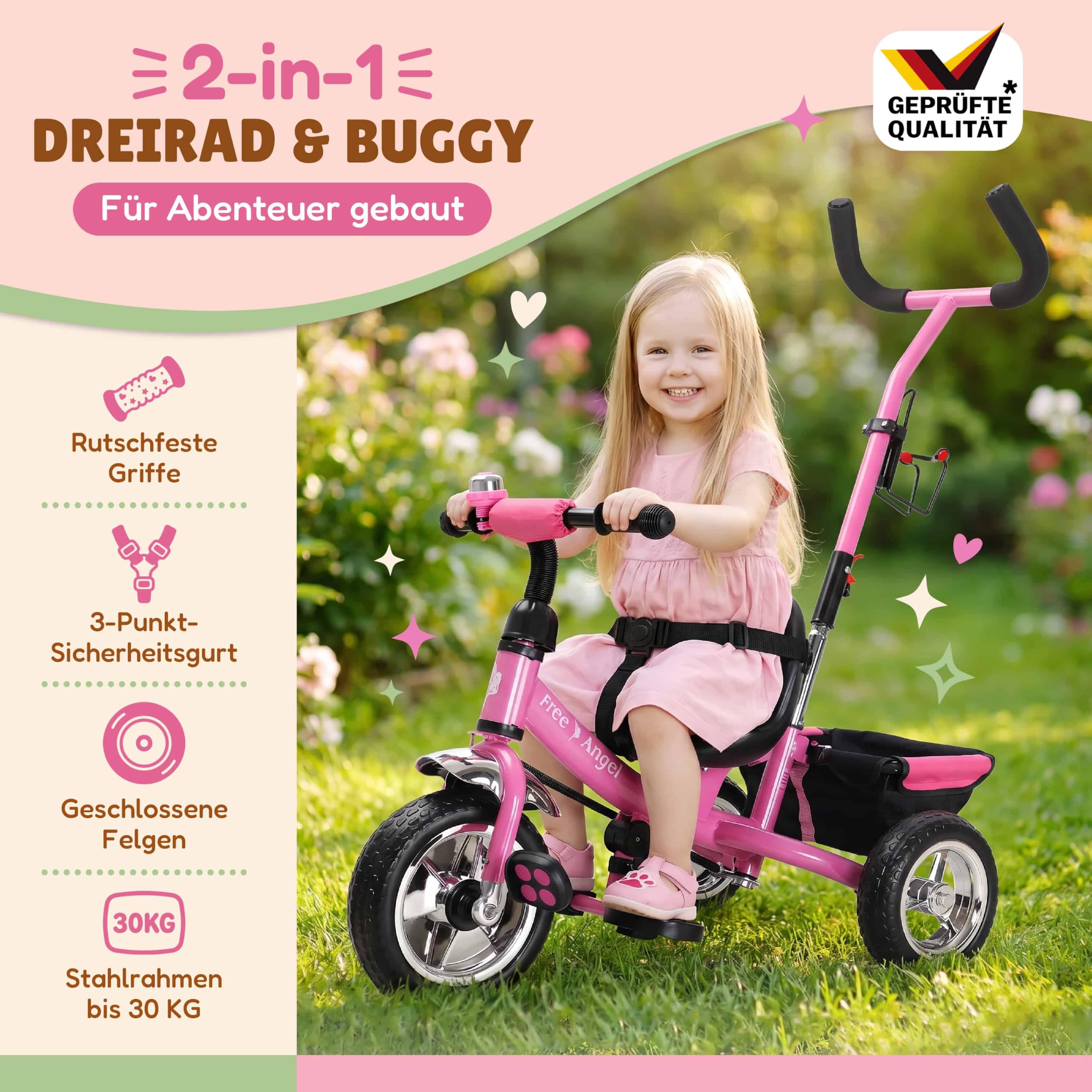 Spielwerk® Dreirad 2in1 mit Schubstange ab 1 Jahr Getränkehalter Kinderdreirad Klappbare Fußablage Baby Buggy Laufrad Kinderwagen Kleinkind Rosa