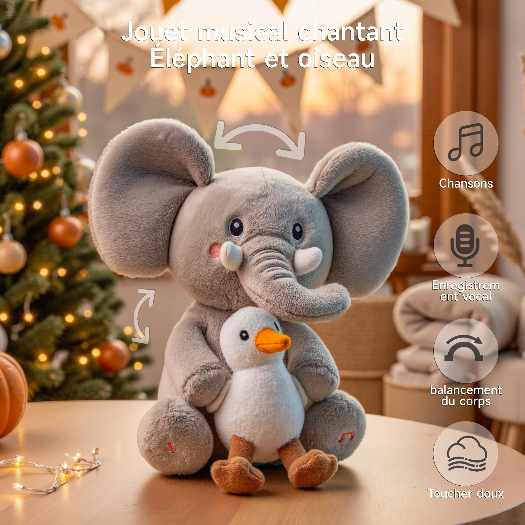 Peluche Animal Dansante et Repetante pour Bebe, Jouet Musical Interactif avec Enregistrement, Elephant Parlant, Jeux Animaux avec 6 Chansons