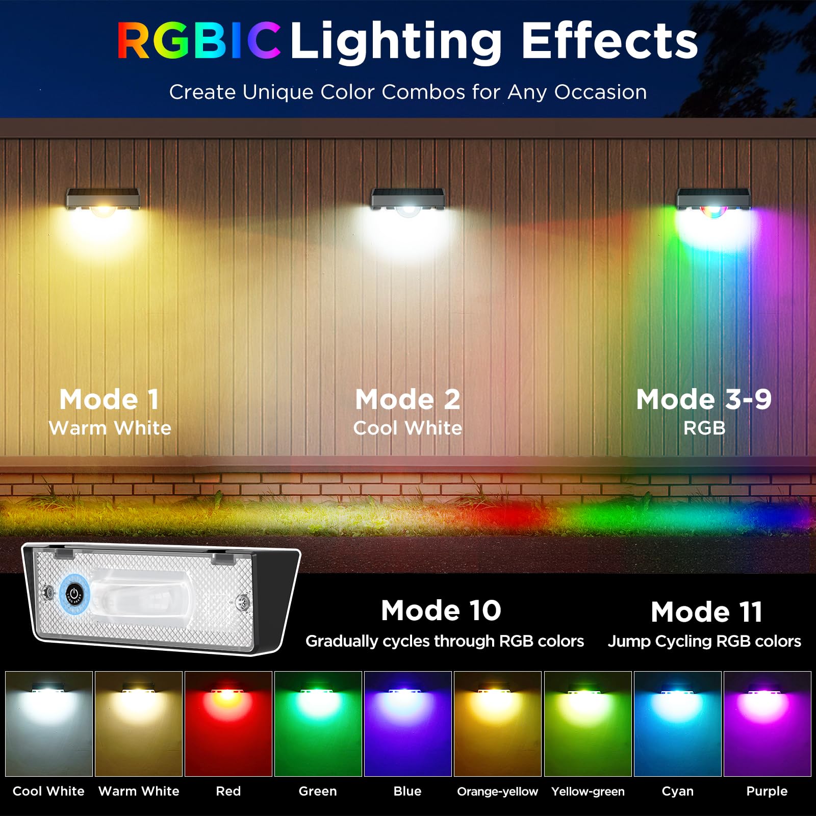 Quntis Solarna lampa ścienna zewnętrzna z efektem wiązki światła, 4 sztuki, 11 trybów świecenia (ciepła biel i zmiana kolorów RGB), IP44, wodoszczelne solarne oświetlenie ogrodzenia, do użytku na