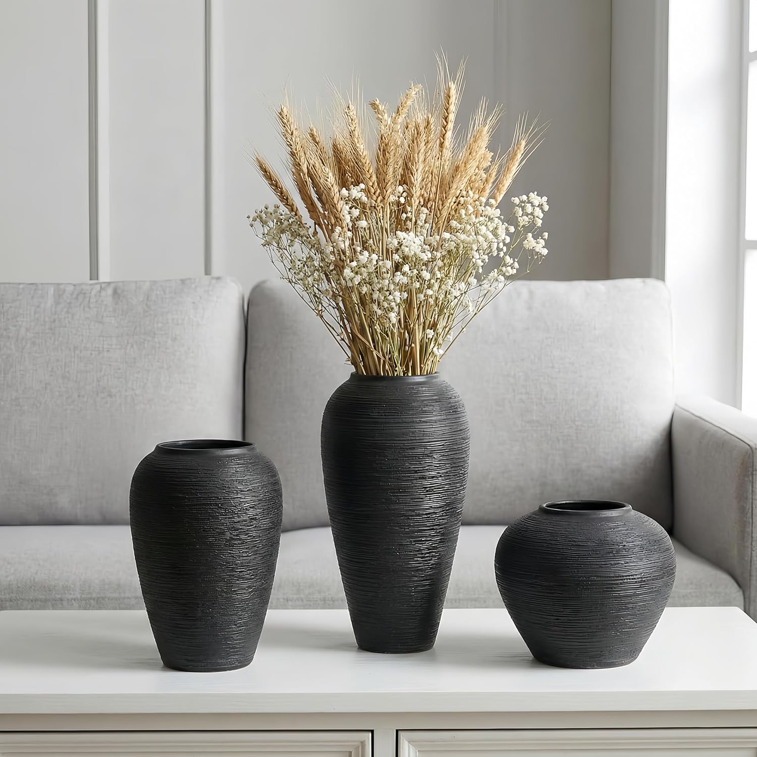 Black Rustic Ceramic Vase Vintage Large Vases, 13.4 Inch Farmhouse Floor Tall Vase Pottery Clay Terracotta Rustic Vases for Home Decor Living Room Entryway Table Centerpieces,Housewarming Gifts