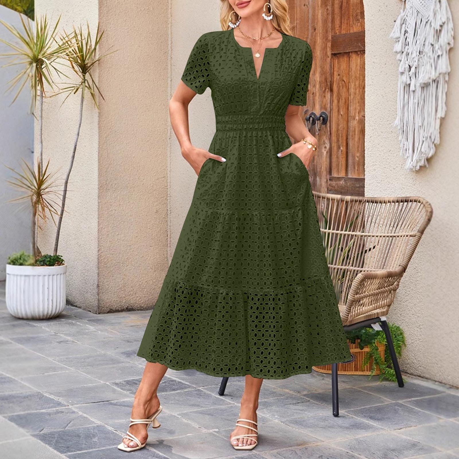 Vestidos Verano Mujer 2025,Vestido Largo Mujer Verano Elegante Cintura Alta Vestido Verano de Cuello en V Color Sólido Maxi Hueco Vestido Playa Vacaciones Diario Ligero Cómodo Dress de Algodón