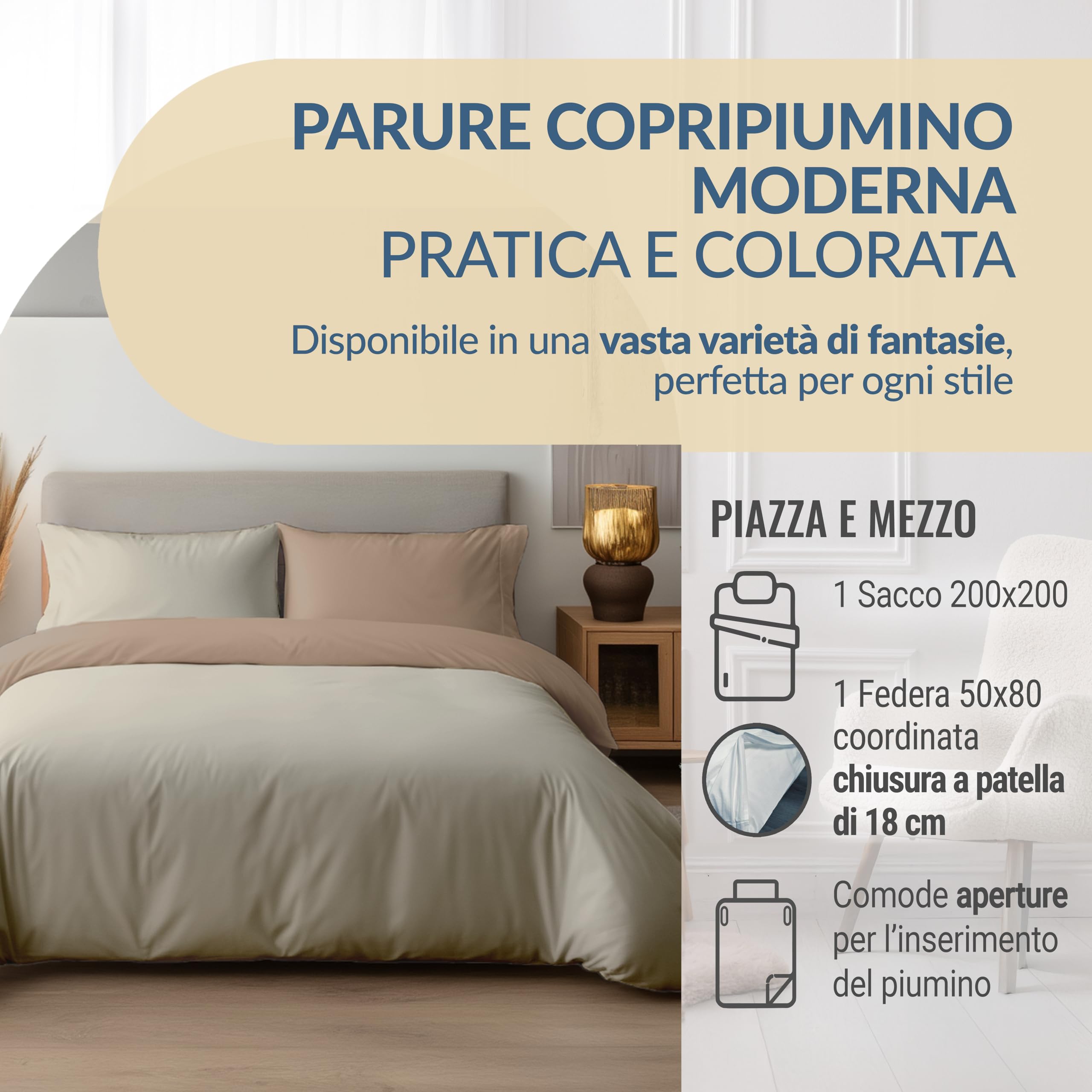 Dorian Home - Set Copripiumino Matrimoniale 200x200 con Sacco Copri Piumino in 100% Microfibra + 1 Federa Cuscino Letto 50x80 con Patella di 18 cm, Parure Copripiumino 4 Stagioni