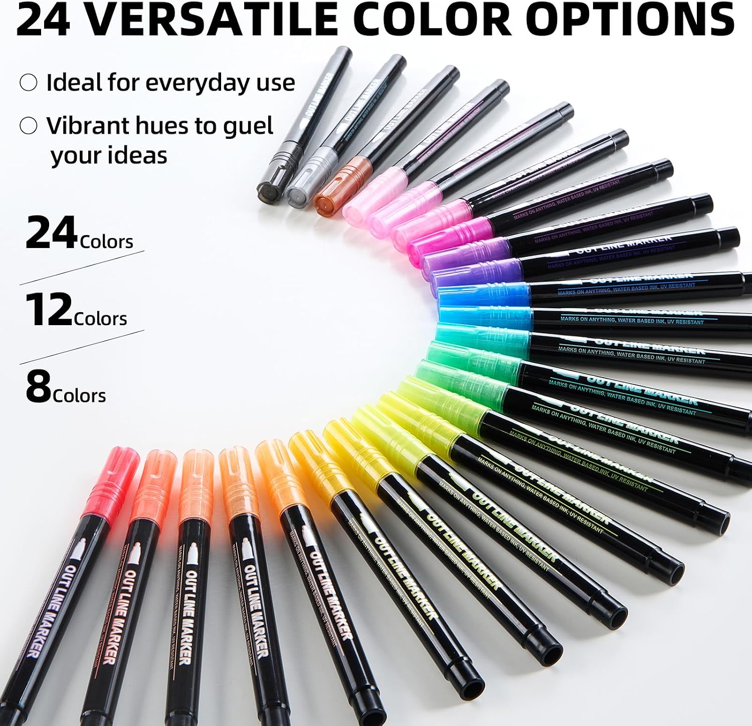 24 Colors Outline Markers, DIY Double Line Metallic for Artists | Self-outline shimmer markers with silver glitter effect, ideal for greeting card making, DIY crafting and art supplies