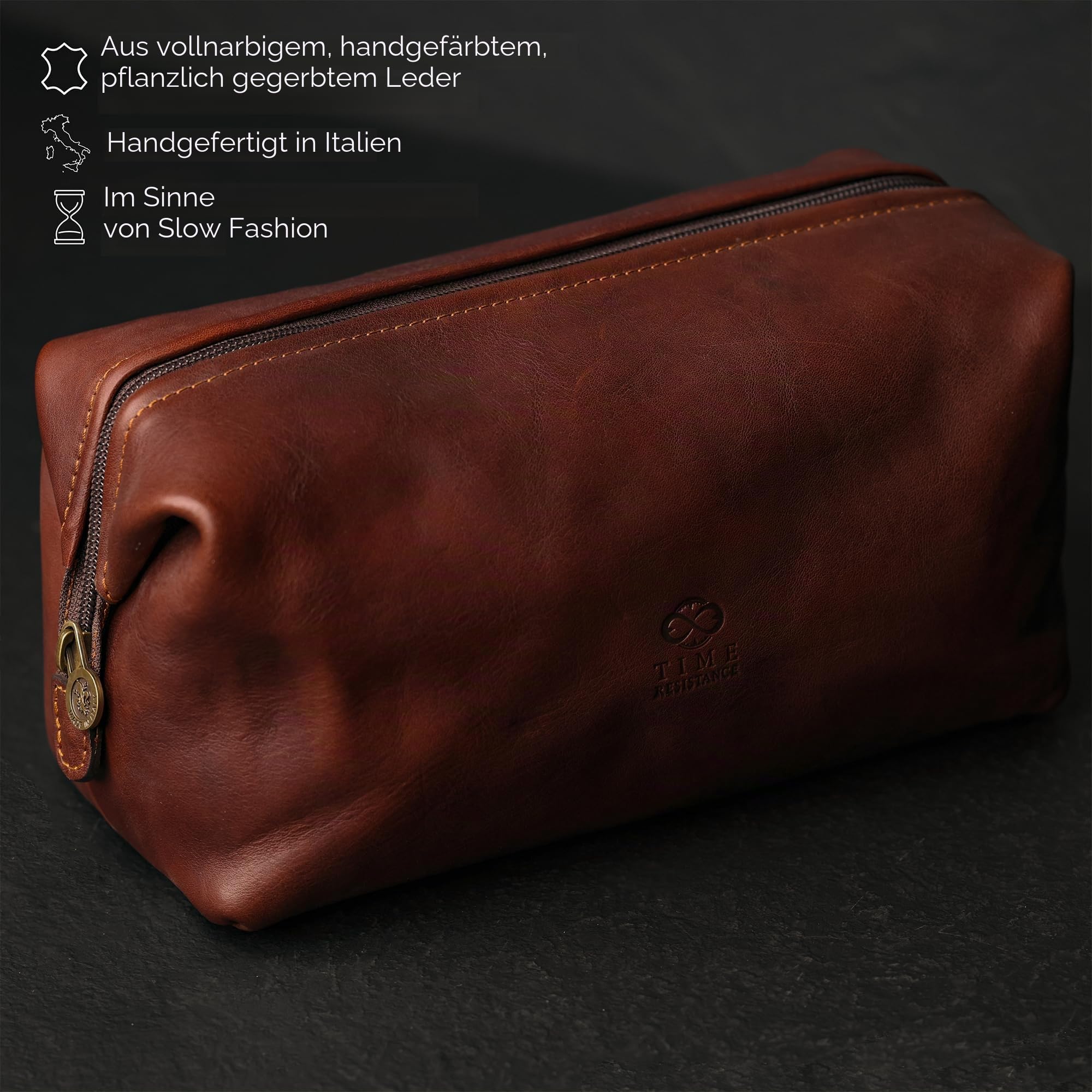 Time Resistance Kulturbeutel Leder Herren - Kosmetikbeutel - Gladstone-Öffnung - Waschtasche für Männer - 100% Echtleder - Hochwertige Kosmetiktasche Mann