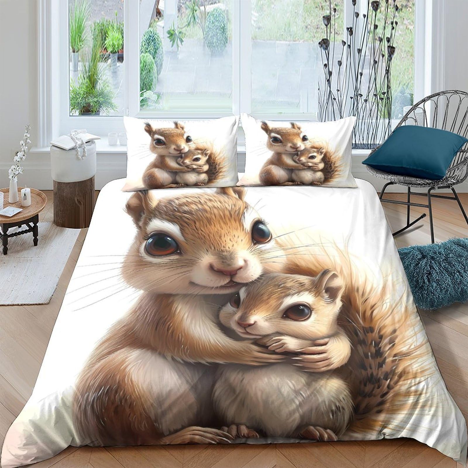 Abbraccio carino dello scoiattolo 3D Stampa Coperteletto 3pz Microfibra Lavabile Digitale Coperteletto 2 federe Zip nascosta Arredo Camera Coppie Super king（260x220cm）