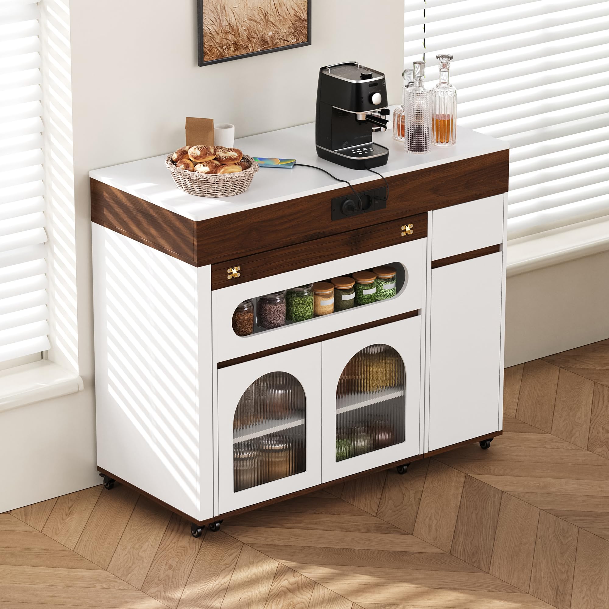 îLot De Cuisine Sur Roulettes,îLot De Cuisine RéTractable,Table Multiprises 1 Tiroir Et 3 Portes D'Armoire Sert D'îLot De Buffet Ou De Table De Bar Pour La Cuisine Et La Salle à Manger,Blanc + Noyer