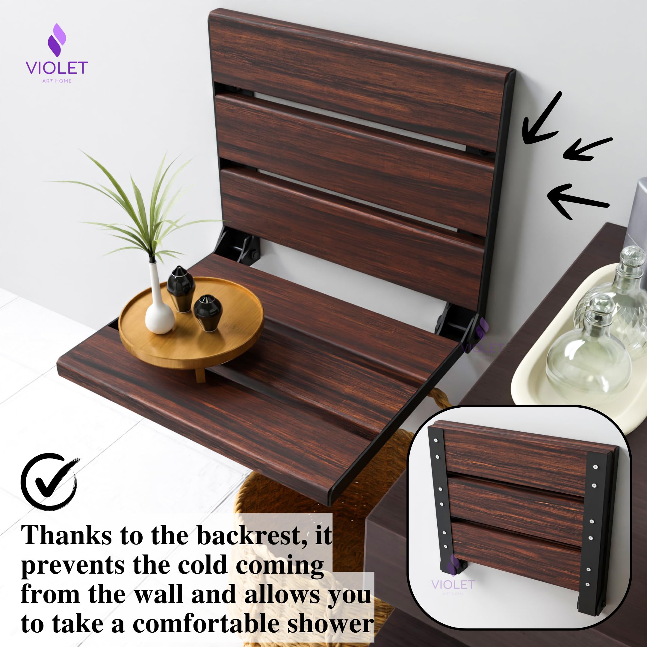 Sedile da doccia pieghevole in legno di teak, conforme ADA, durevole, sgabello da bagno salvaspazio, sedia compatta pieghevole e realizzata a mano (teak scuro naturale, grande)